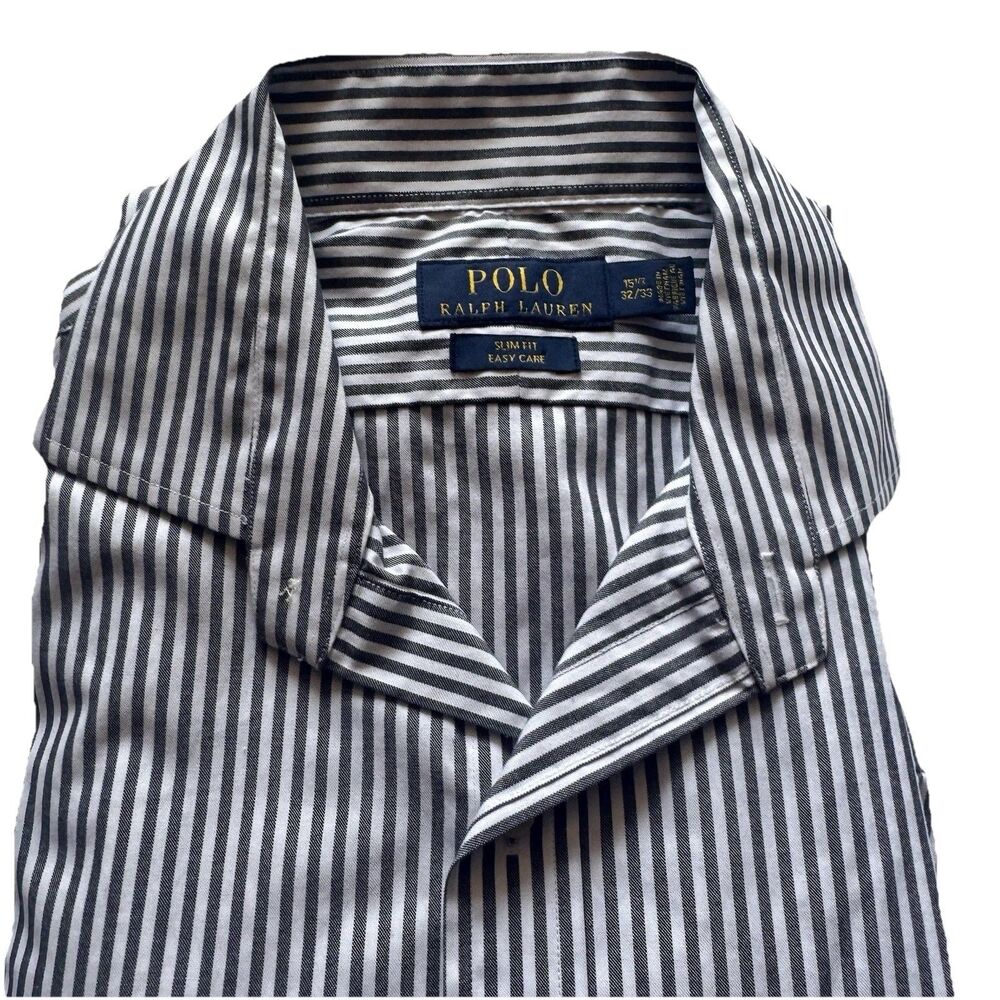 POLO RALPH LAUREN Slim Fit Easy Care Button Up Shirt Grey White Sz 15 1/2 32/33